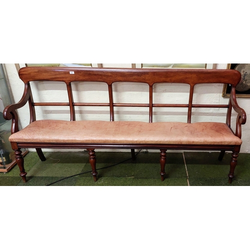 871 - Fine Victorian Mahogany Leather Seat Bench with Scrolled Armrests and Turned Legs - C. 196 cm W x 38... 