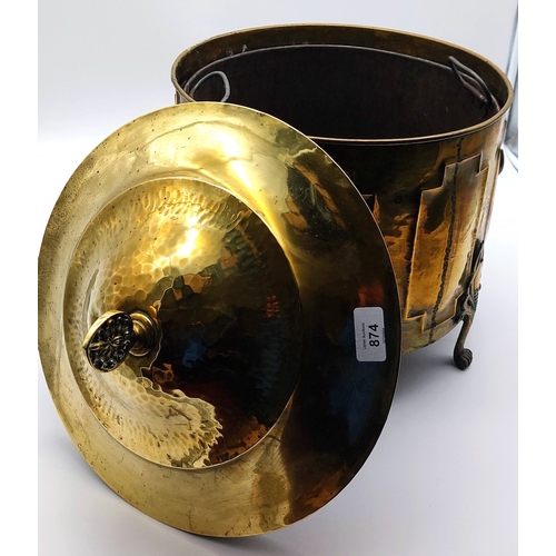 874 - Polished Brass Paw Foot Coal Bucket with Liner - C. 35cm W x 43cm H