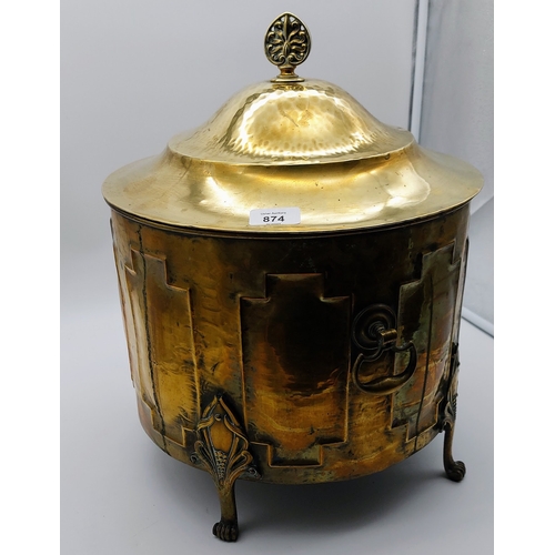 874 - Polished Brass Paw Foot Coal Bucket with Liner - C. 35cm W x 43cm H