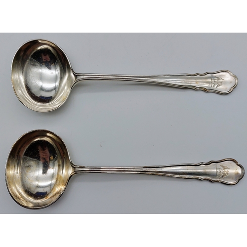 884 - Oak Cased Part Canteen of Silver Flatware by William Hutton, London - inc Large Soup Ladle, Serving ... 