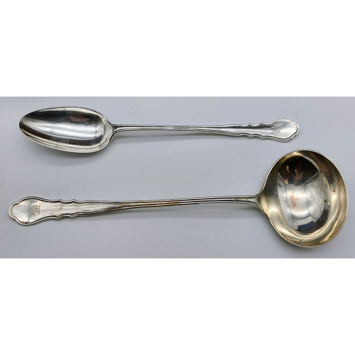 884 - Oak Cased Part Canteen of Silver Flatware by William Hutton, London - inc Large Soup Ladle, Serving ... 