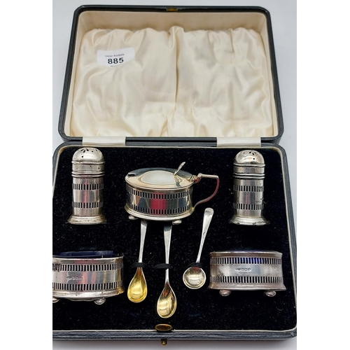 885 - Cased Five Piece Condiment Set with Blue Glass Liners, Birmingham 1923