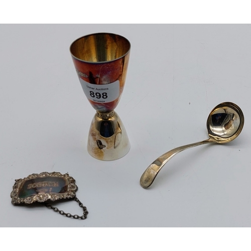 898 - Silver Spirit Measure, Silver Scotch Bottle Label & Silver Sauce Ladle