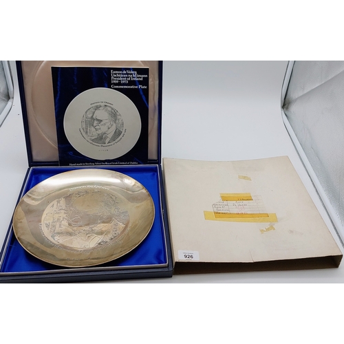 926 - Eamon de Valera Silver EU Hallmark Commemorative Plate 1973 with Presentation Box - Limited Ed No. 2... 