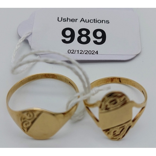 989 - 2 Gents Rings - 9 ct Gold Oval Signet Ring (size P), 9 ct Gold Round Signet Ring (size O)