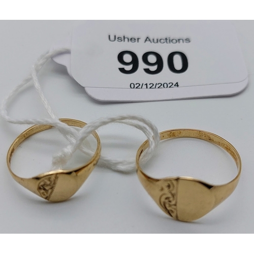 990 - 2 Ladies 9 ct Gold Signet Rings - Size L & O