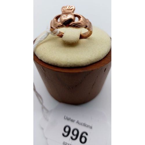 996 - 9 ct Rose Gold Ladies Claddagh Ring - Size M