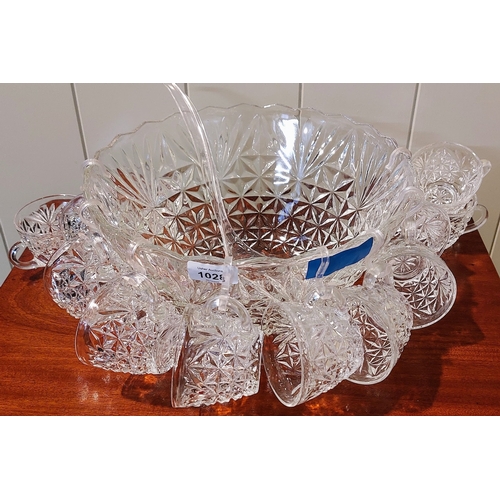 1028 - Punch Bowl with Ladle & 12 Glass Mugs - C. 30cm W