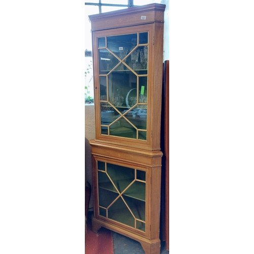 1051 - Edwardian Inlaid Astral Glazed Corner Display Cabinet - C. 70cm W x 189cm H