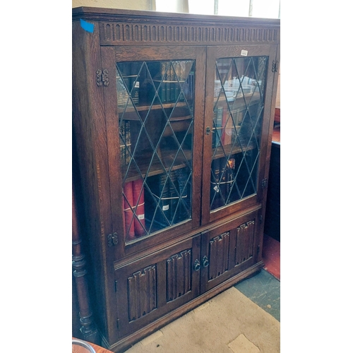 1074 - Neat Oak Leaded Glass Floor Bookcase - C. 97cm W x 31cm D x 135cm H