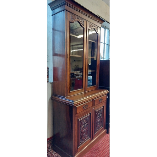 1094 - 19th Century Walnut Bookcase with Glazed Top, 2 Drawers and Carved Panel Cupboard Doors - C. 107cm W... 