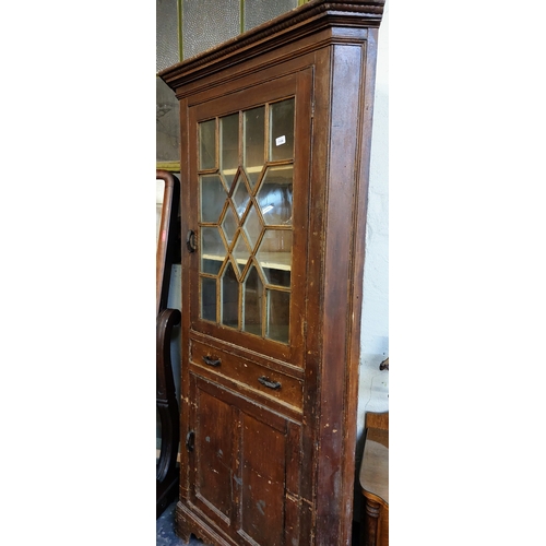 1108 - Georgian Pine Astral Glazed Corner Cabinet - C. 93cm W x 197cm H