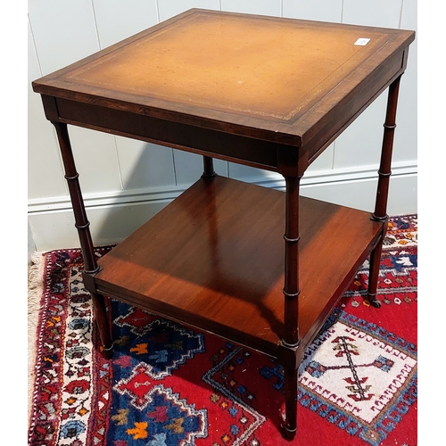 1141 - Mahogany 2-Tier Lamp Table with Gilt Tooled Leather Top on Castors - C. 51cm x 51cm x 67cm H