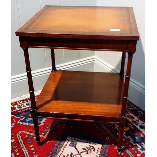 1141 - Mahogany 2-Tier Lamp Table with Gilt Tooled Leather Top on Castors - C. 51cm x 51cm x 67cm H