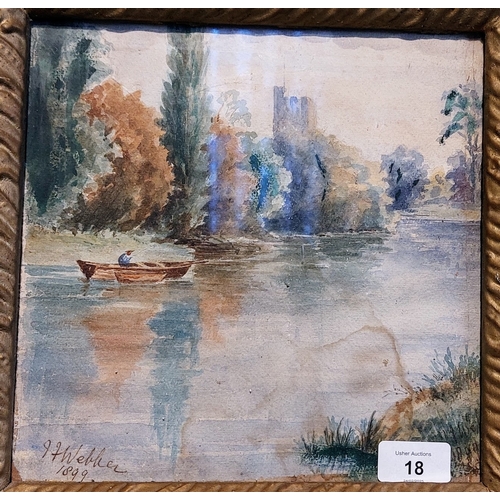 18 - Gilt Framed River Scene Watercolour - PF Webber 1899 - C. 44cm x 44cm (Measurements inc Frame)