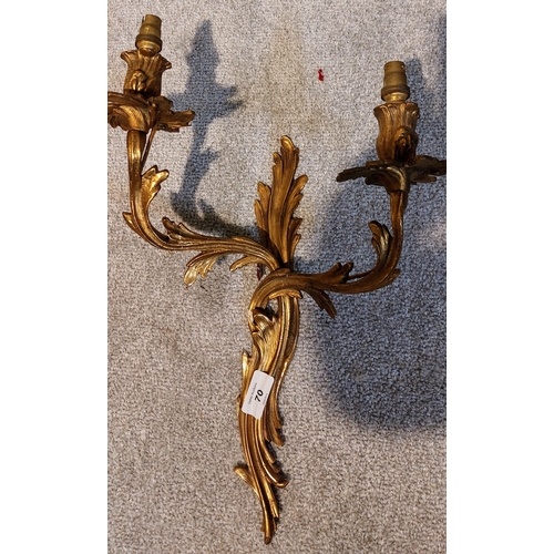 70 - Set of 4 Gilt Brass Twin Light Wall Sconces with Acanthus Leaf Decoration - C. 46cm H