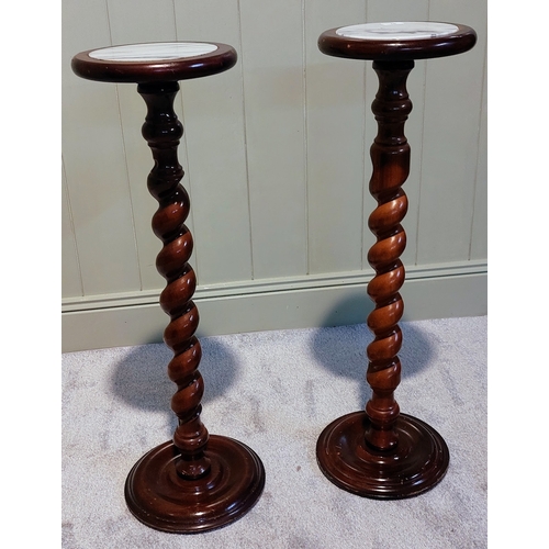 76 - Pair of Marble Top Barley Twist Torchere Stands - C. 89cm H x 28cm W