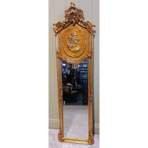 311 - Ornate Gilt Frame Bevelled Mirror with Bust Motif of Lady - C. 50cm W x 177cm H