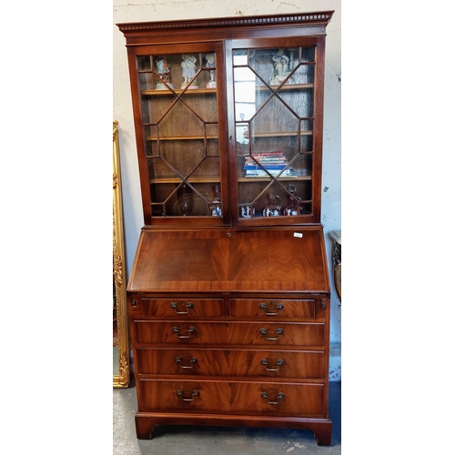 315 - Mahogany Bureau Bookcase, Astral Glazed, Gilt Tooled Leather Slope - C. 90cm W x 46cm D x 191cm H