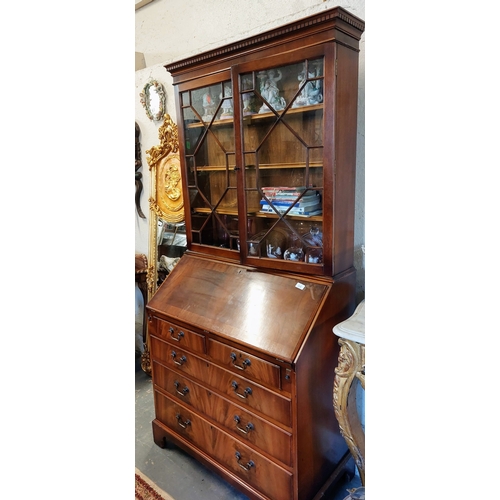 315 - Mahogany Bureau Bookcase, Astral Glazed, Gilt Tooled Leather Slope - C. 90cm W x 46cm D x 191cm H