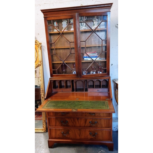 315 - Mahogany Bureau Bookcase, Astral Glazed, Gilt Tooled Leather Slope - C. 90cm W x 46cm D x 191cm H