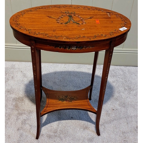 369 - Edwardian Oval Satinwood Hand Painted Table in the Sheraton Style - C. 60cm x 39cm x 69cm H