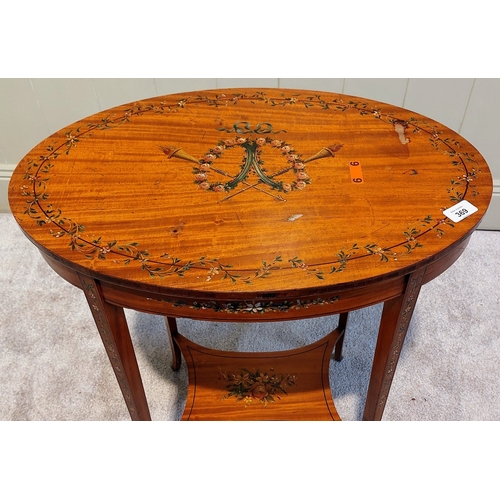 369 - Edwardian Oval Satinwood Hand Painted Table in the Sheraton Style - C. 60cm x 39cm x 69cm H