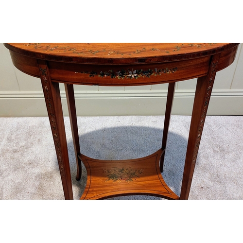 369 - Edwardian Oval Satinwood Hand Painted Table in the Sheraton Style - C. 60cm x 39cm x 69cm H