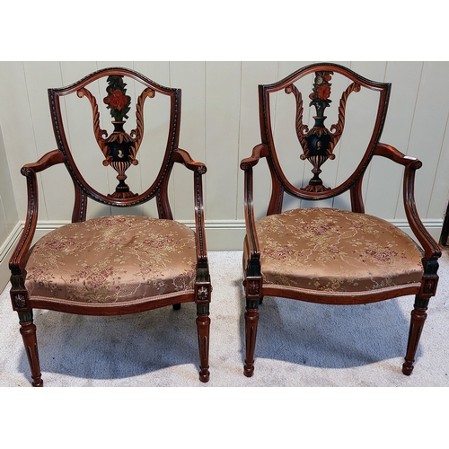 372 - Pair of Sheraton Style Walnut Hand Painted Salon Armchairs