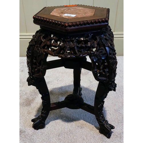 375 - Carved Chinese Hardwood Marble Top Jardiniere Stand - C. 46cm H