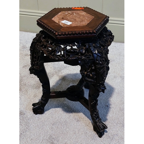 375 - Carved Chinese Hardwood Marble Top Jardiniere Stand - C. 46cm H