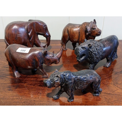 399 - 5 Carved Wooden African Animals - C. 12cm H