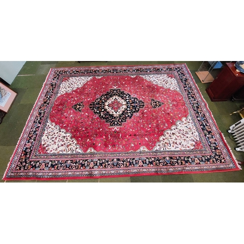 671 - Large Indian Handwoven Heavy Pile Wool Carpet (Red) - C. 400cm x 290cm