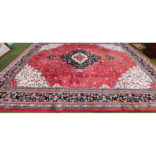 671 - Large Indian Handwoven Heavy Pile Wool Carpet (Red) - C. 400cm x 290cm