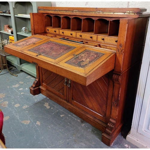 38 - 19th Century Oak Secretaire in the Arts and Crafts Style with a Fitted Interior, Gilt Tooled Leather... 