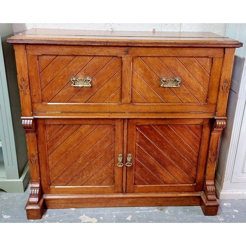 38 - 19th Century Oak Secretaire in the Arts and Crafts Style with a Fitted Interior, Gilt Tooled Leather... 