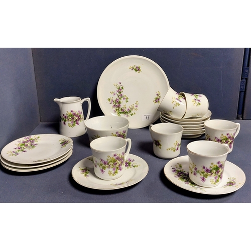 51 - Floral Painted Gilt Edge Tea Set - C. 20 Piece