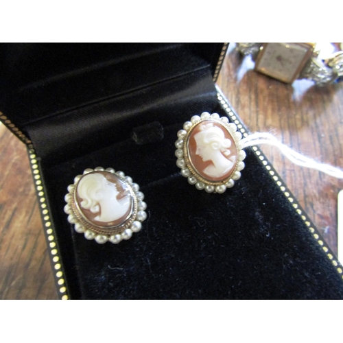 1063 - Pair Victorian Cameo & Pearl Earrings, Silver Set with French Wire Fittings