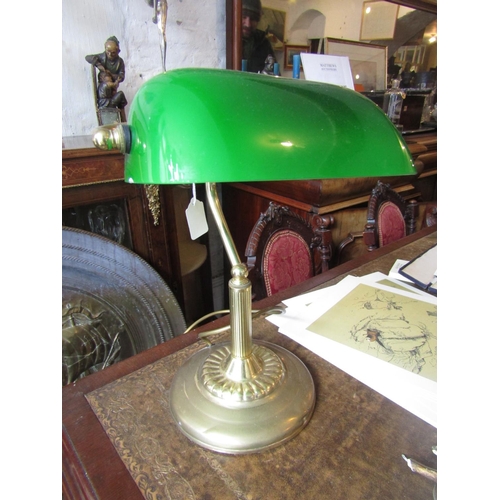 1066 - Brass Mounted Desk Lamp with Green Glass Shade Electrified Working Order Approximately 14 Inches Hig... 