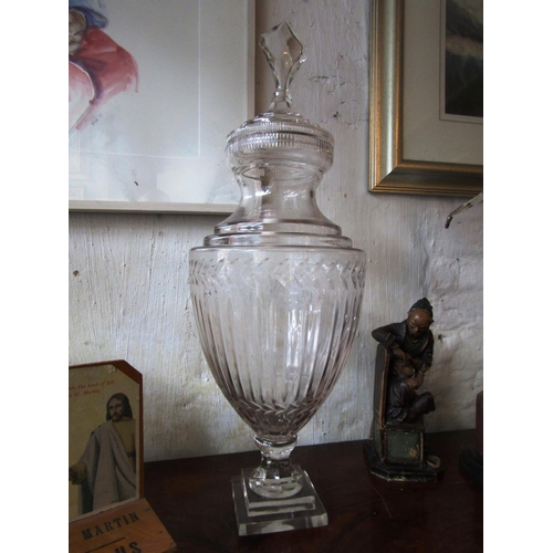 1067 - Pair of Irish Cut Crystal Pedestal Urns with Original Covers Each Approximately 22 Inches High One P... 