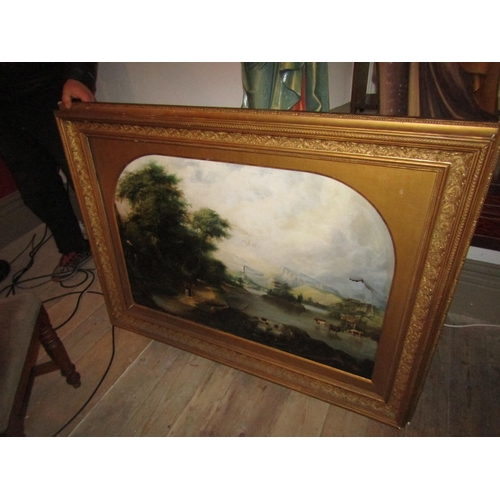 1084 - Victorian School Landscape Contained within Gilded Arch Top Frame Approximately 34 Inches Wide x 26 ... 