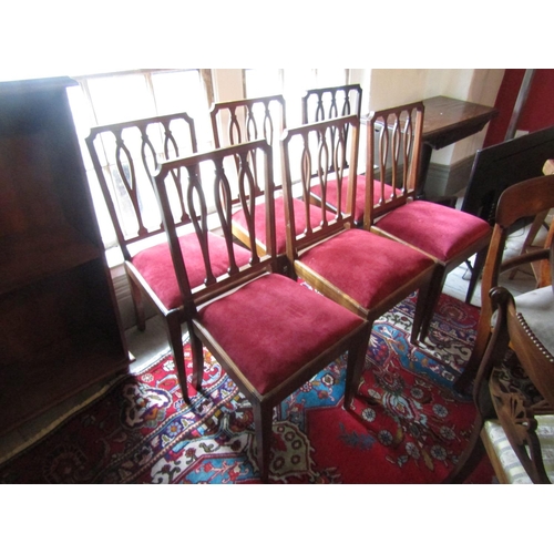 1091 - Set of Six Mahogany Dining Chairs Well carved Back Rests above Burgundy Velvet Upholstered Seats