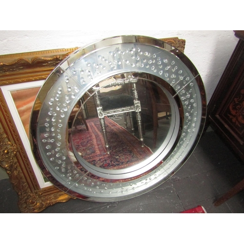 1099 - Designer Chrome Decorated Circular Form Wall Mirror with Inset Crystal Approximately 2ft Diameter