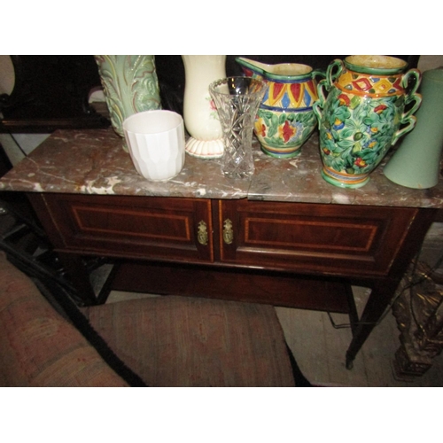 1103 - Victorian Mahogany Satinwood Crossbanded Marble Top Side Table with Cupboard Doors Approximately 38 ... 