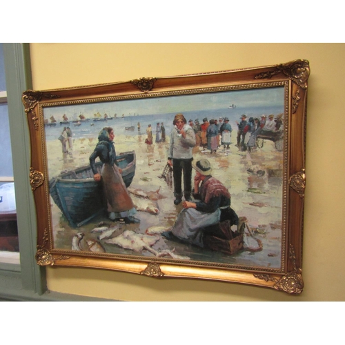 1117 - Fisherfolk Scene Oil on Canvas 20 Inches High x 30 Inches Contained within Gilded Frame