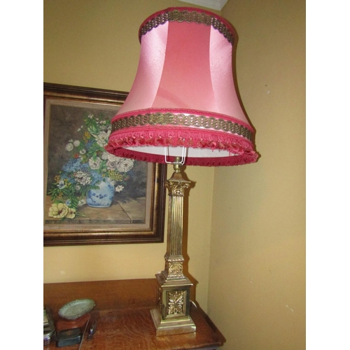 260 - Antique Cast Brass Corinthian Column Table Lamp with Tassel Shade Electrified Working Order Approxim... 