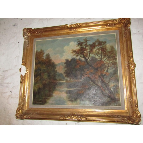 269 - Antique School River Scene with Trees Oil on Canvas Approximately 24 Inches High x 28 Inches Wide co... 