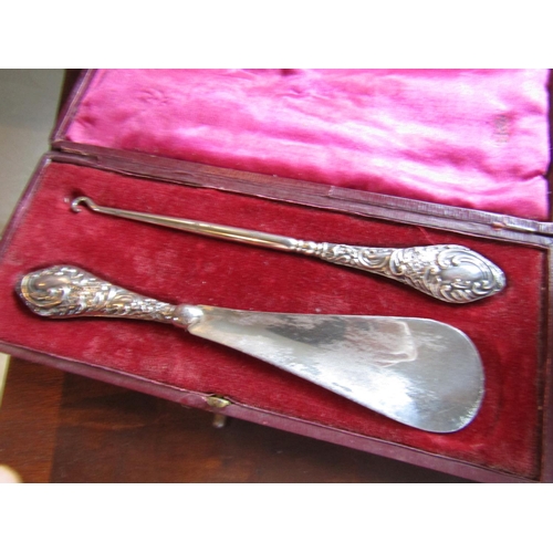 274 - Solid Silver Handled Foot Slipper and Button Hook contained within Original Presentation Case