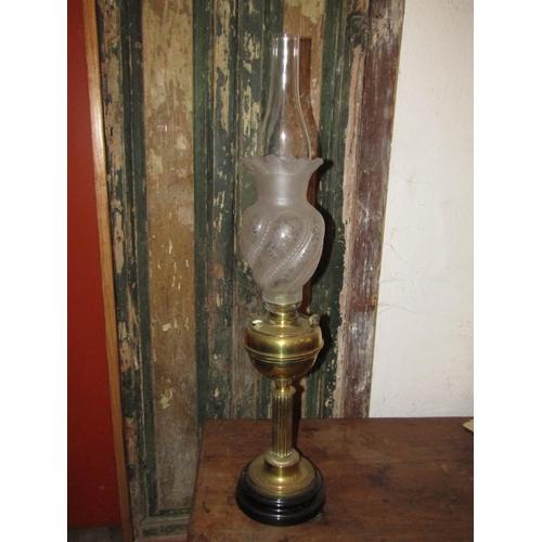 278 - Victorian Cast Brass Lamp with Engraved Shade and Well Approximately 26 Inches High