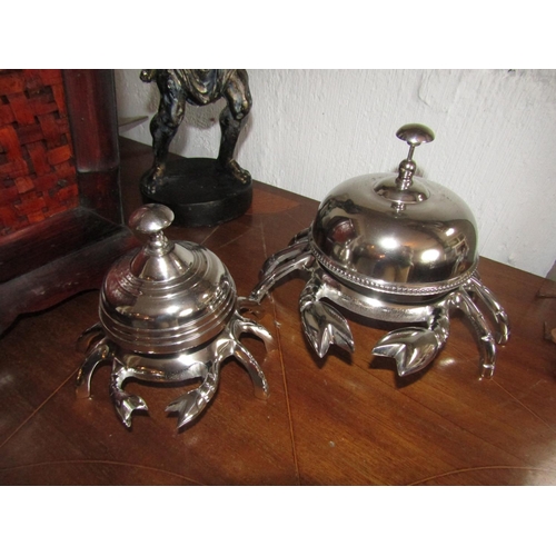 284 - Two Chrome Plated Crab Motif Form Nautical Desk Bells Largest 8 Inches Wide Approximately